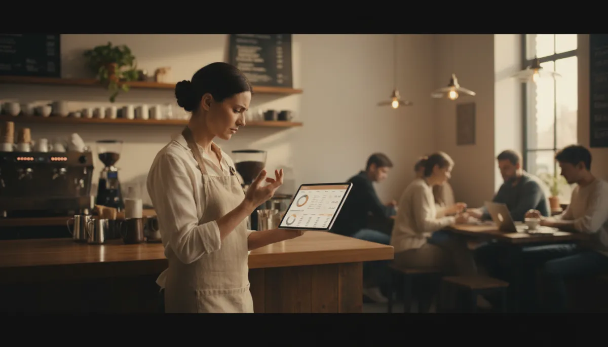 Self-employed barista reviewing bank statements on a tablet in a café Self-employed barista reviewing bank statements on a tablet in a café