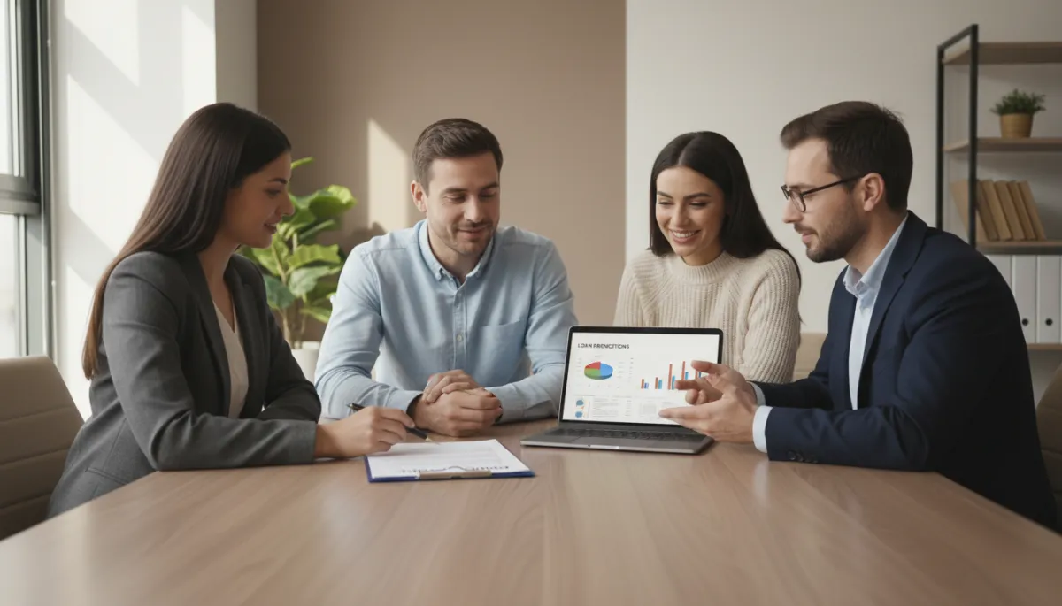 Real estate agent and loan officer reviewing a home offer strategy with a buyer Real estate agent and loan officer reviewing a home offer strategy with a buyer