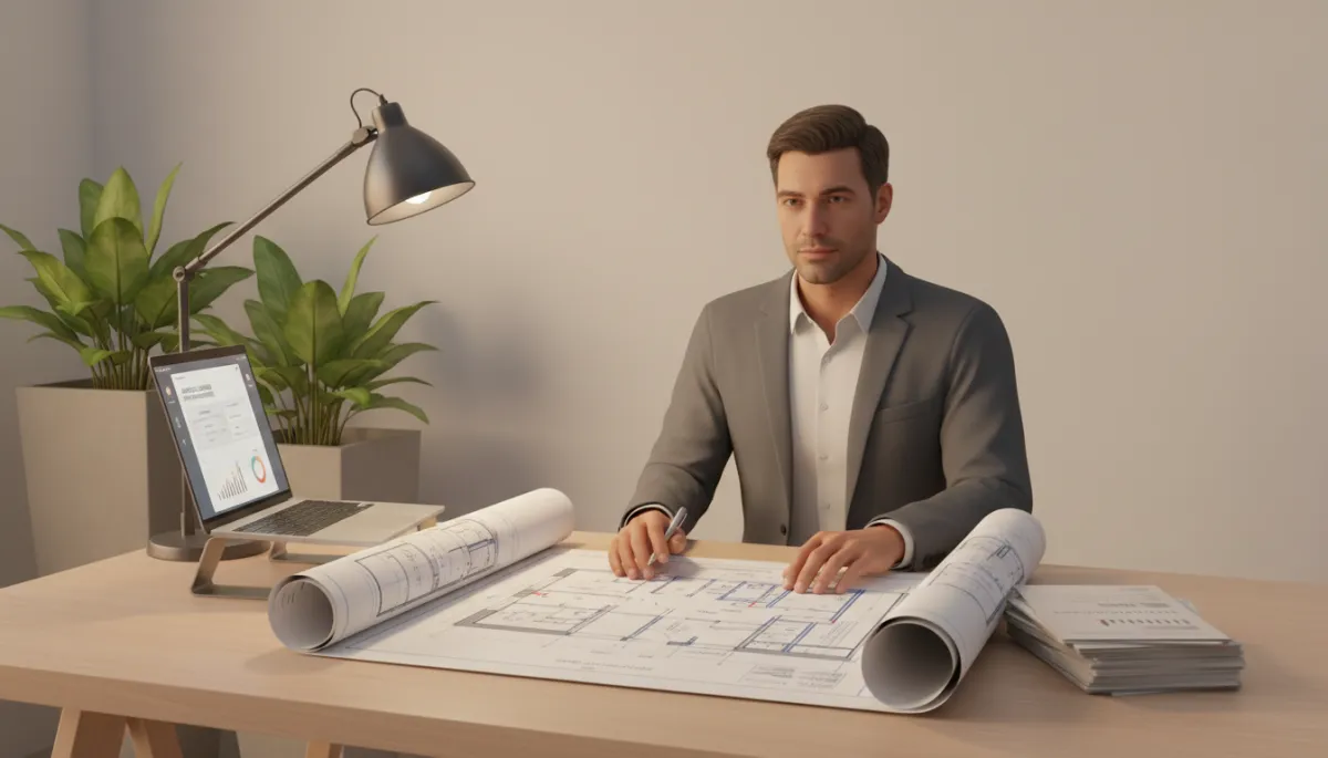 Self-employed professional reviewing house plans, bank statements, and mortgage documents