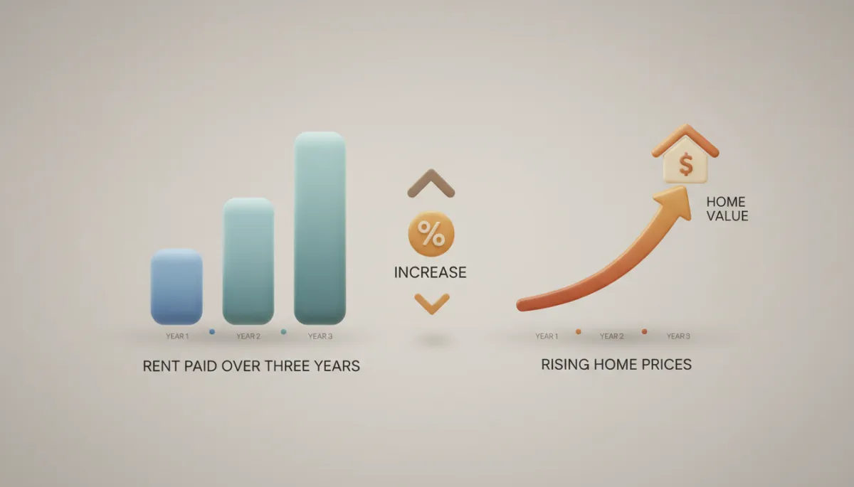 Comparison chart of rent costs versus rising home prices over several years
