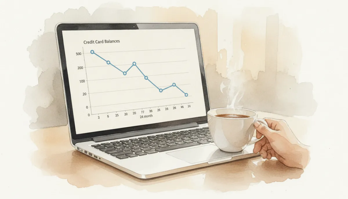 Laptop screen showing a downward trend in credit card balances over time