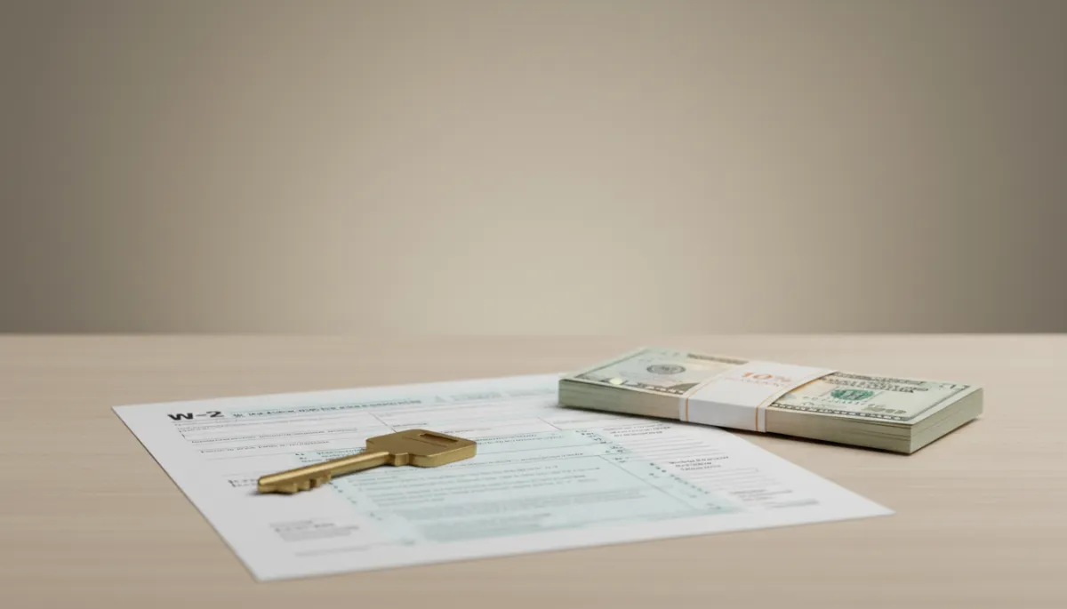 W-2 form on a desk next to house keys and savings