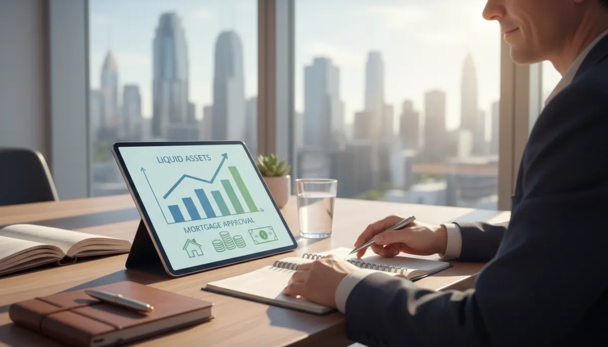 professional neutral-toned photo of a mature couple and a financial advisor reviewing portfolio statements and a home listing on a laptop at a polished conference table, soft natural light, calm confident expressions