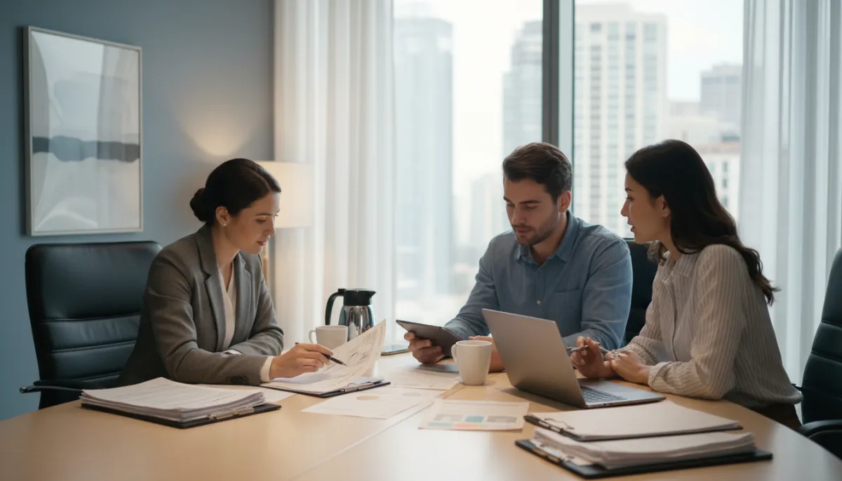 A realistic, high-quality photo of home buyers and their real estate agent sitting together at a table, actively discussing and comparing offer strategies. Paperwork, a tablet or laptop, and a modern, well-lit office or conference room should be visible. No cartoon or stylized elements; only authentic photography of real people and a professional setting. A realistic, high-quality photo of home buyers and their real estate agent sitting together at a table, actively discussing and comparing offer strategies. Paperwork, a tablet or laptop, and a modern, well-lit office or conference room should be visible. No cartoon or stylized elements; only authentic photography of real people and a professional setting.