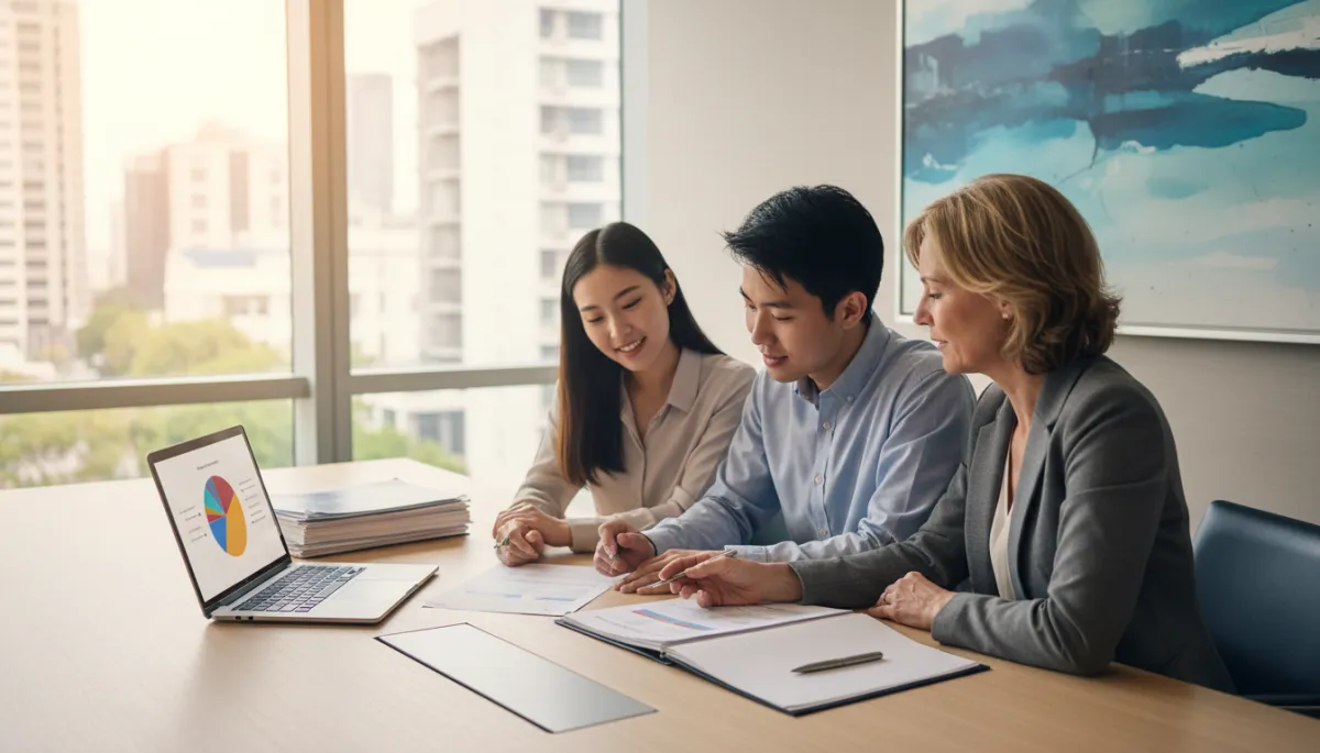 A high-resolution, realistic photo of a young couple and their real estate agent reviewing a purchase offer at a modern conference table with paperwork and a laptop visible in a calm, daylight-filled office setting. No cartoon or illustrated elements; only real people in a contemporary office environment.