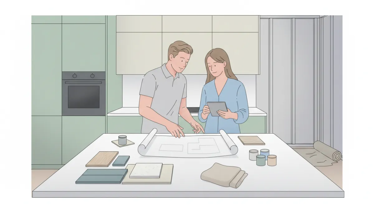 Homeowner discussing renovation plans with a contractor in a kitchen