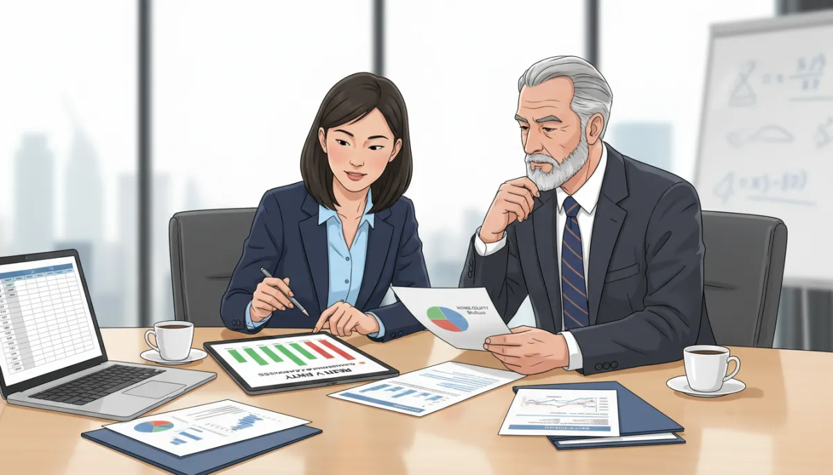 A photo of two real people (diverse in age or ethnicity) sitting at a table with charts and documents, visibly comparing rent costs versus home ownership benefits. The setting should be professional and modern, showing clear engagement with financial planning materials, no cartoon or illustrated elements.