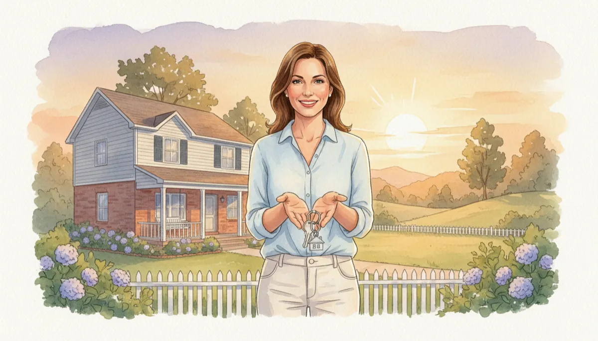 New homeowner holding keys in front of a modest single-family home New homeowner holding keys in front of a modest single-family home