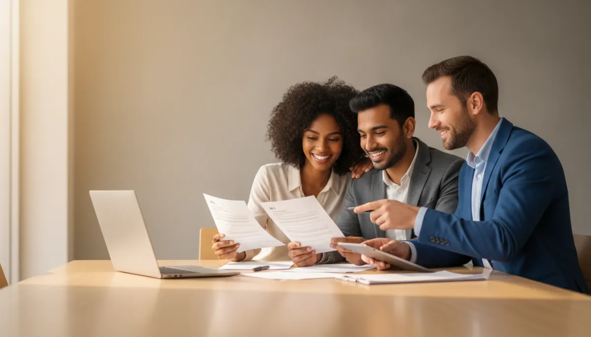 professional neutral-toned photo of a diverse couple sitting with a loan officer at a modern office table, reviewing printed W-2 documents and smiling with relief, soft natural light, calm and confident atmosphere