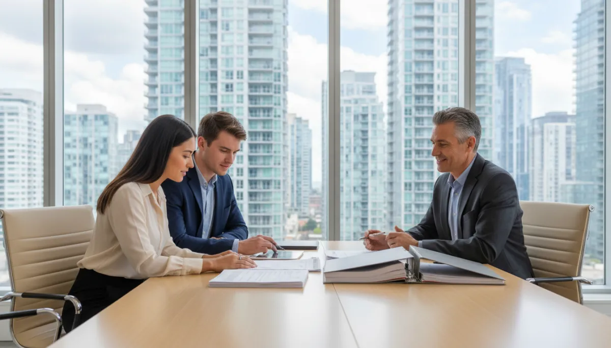 professional neutral-toned photo of a young couple reviewing condo documents with a mortgage advisor at a modern office table, city condo buildings visible through large windows in the background