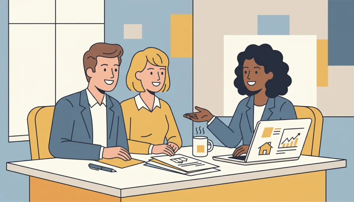 professional, neutral-toned photo of a smiling couple sitting with a mortgage advisor at a desk, reviewing home purchase paperwork and laptop, bright but calm office setting