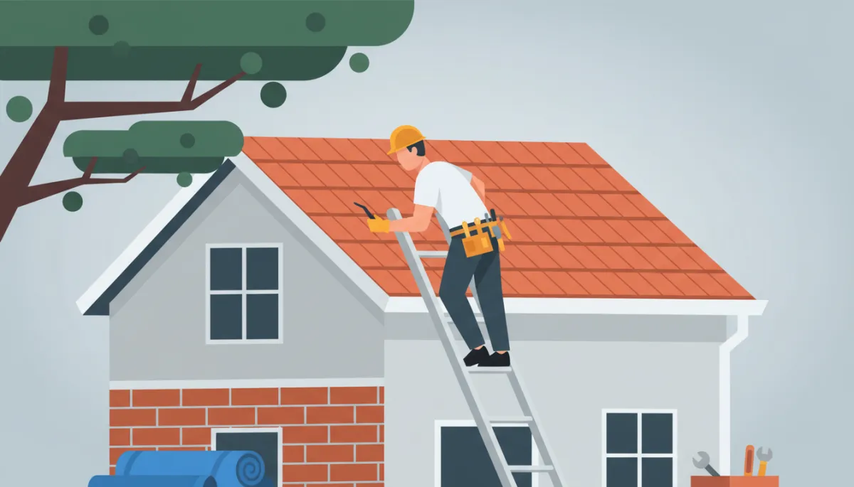 Roofing specialist inspecting shingles and gutters near trimmed tree branches
