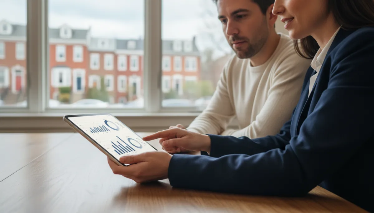 photographic realistic close-up of a professional real estate agent and homeowner reviewing pricing data and charts on a sleek tablet at a dining table, soft navy and ivory tones, Alexandria neighborhood visible through window