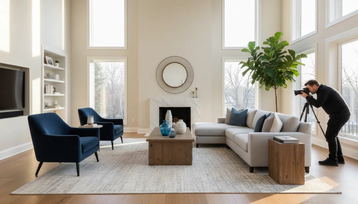 photographic realistic interior of a beautifully staged Alexandria VA living room with large windows, neutral palette, navy and soft blue accents, professional photographer capturing wide-angle shot, late afternoon natural light