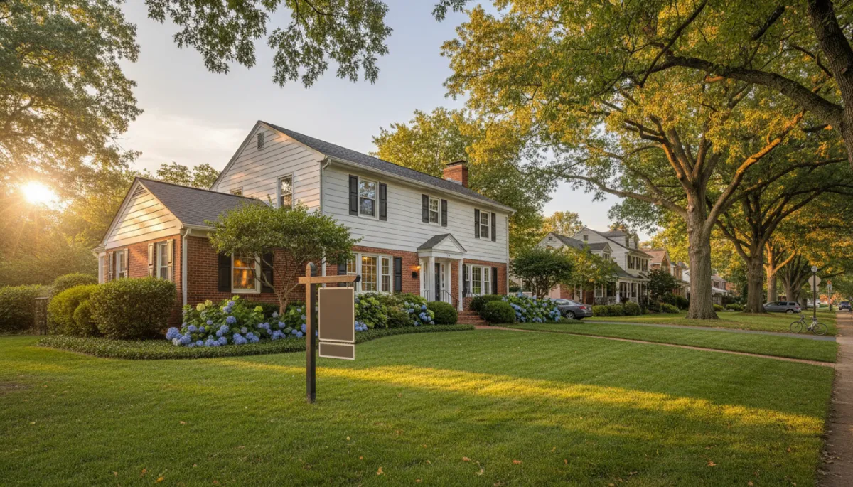 photographic realistic wide shot of a charming Del Ray Alexandria single-family home with manicured landscaping, tasteful for sale sign, golden-hour light, quiet tree-lined street