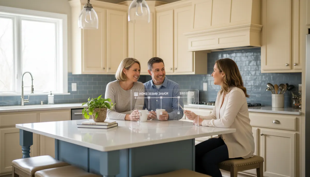 photographic realistic scene of a relaxed Alexandria VA homeowner couple sitting at a kitchen island with coffee, smiling and reviewing a clear printed home selling timeline with their real estate agent, warm ivory and slate blue tones