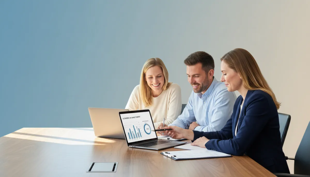 Photorealistic meeting with real estate advisors reviewing Alexandria pricing strategy