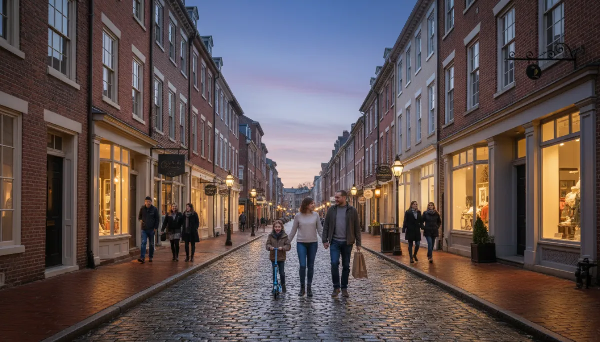 Historic rowhouses and families walking along the sidewalks in Old Town Alexandria