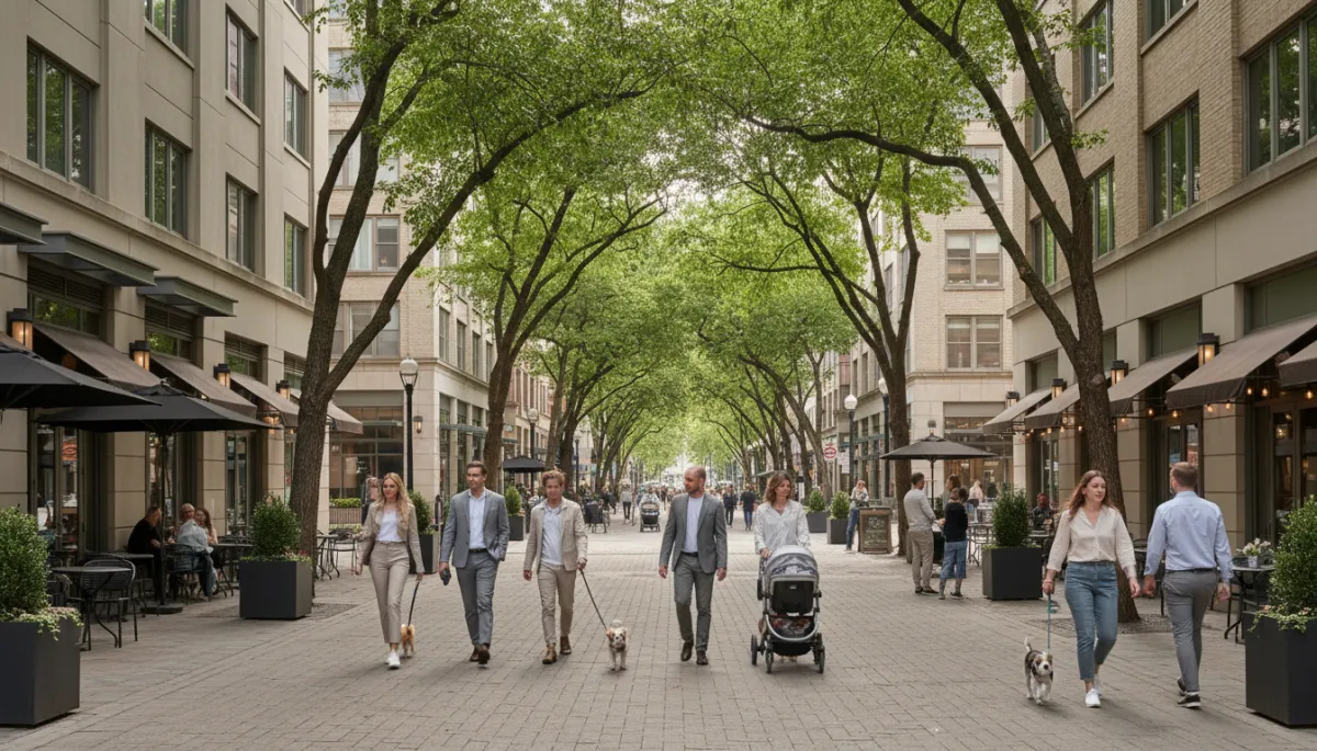 Walkable Arlington street with condos, cafes, and residents enjoying the sidewalks