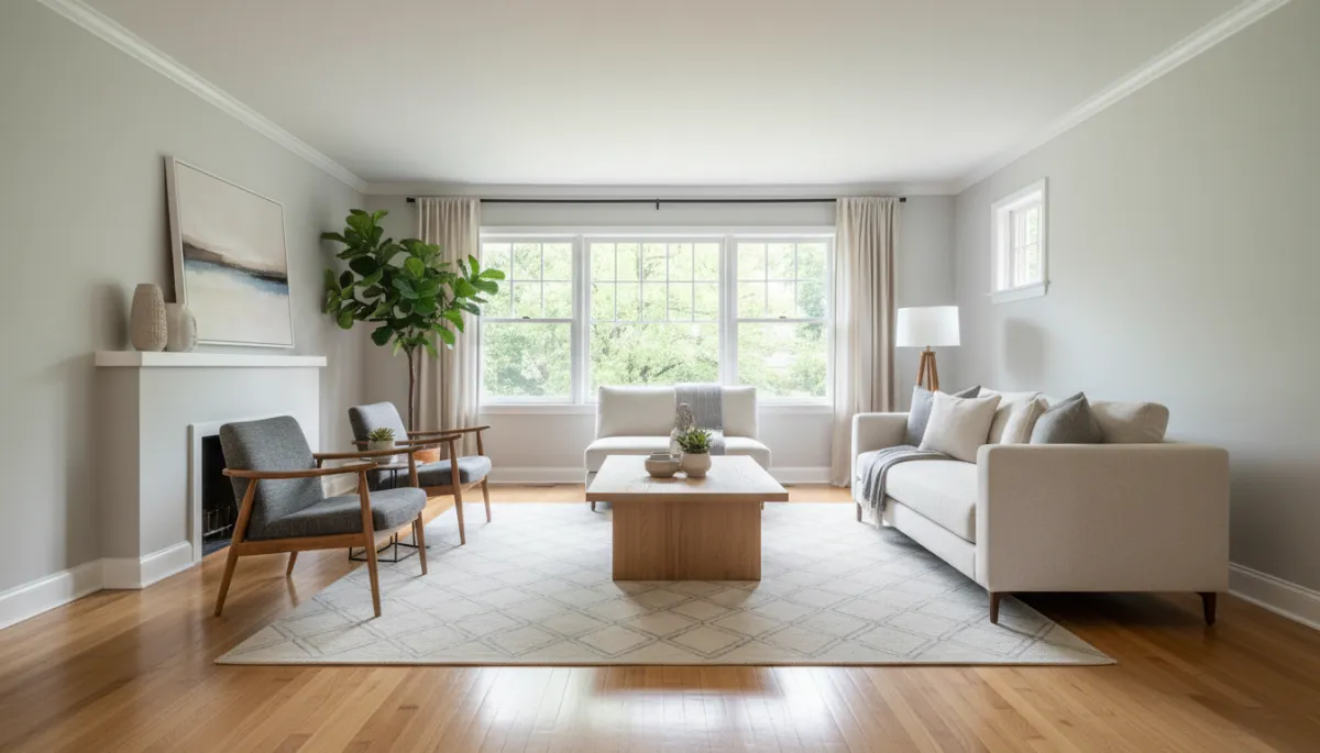 Staged living room of an Arlington VA home with neutral décor