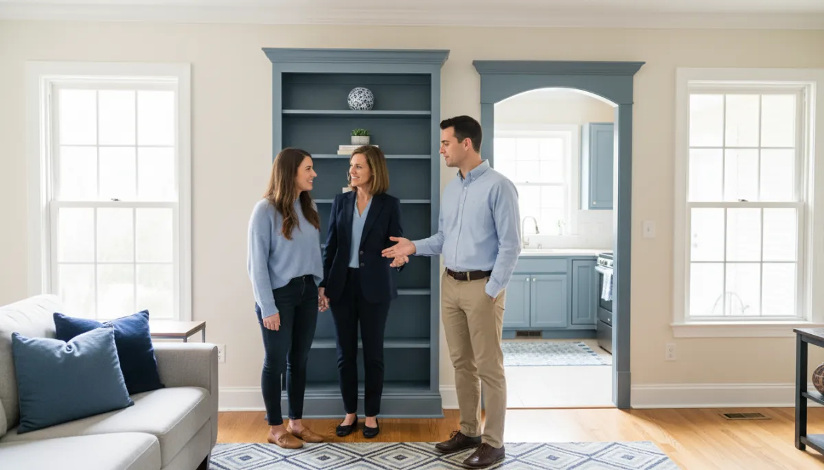 First-time buyers touring a Fairfax, VA townhouse with their agent
