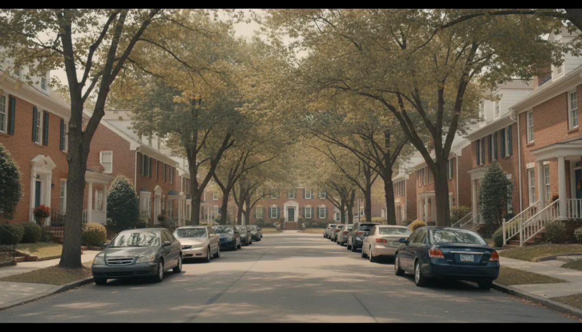 Tree-lined residential street in Fairfax Virginia with townhomes and single-family homes Tree-lined residential street in Fairfax Virginia with townhomes and single-family homes
