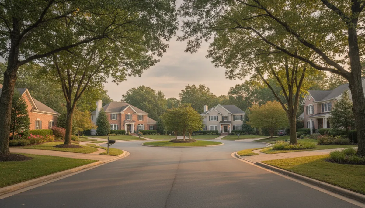 Quiet Fairfax VA cul-de-sac with mature trees and single-family homes