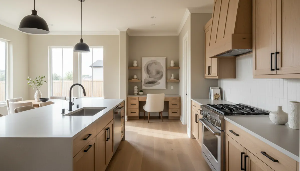 Modern yet warm Fairfax kitchen with neutral finishes and a small workspace