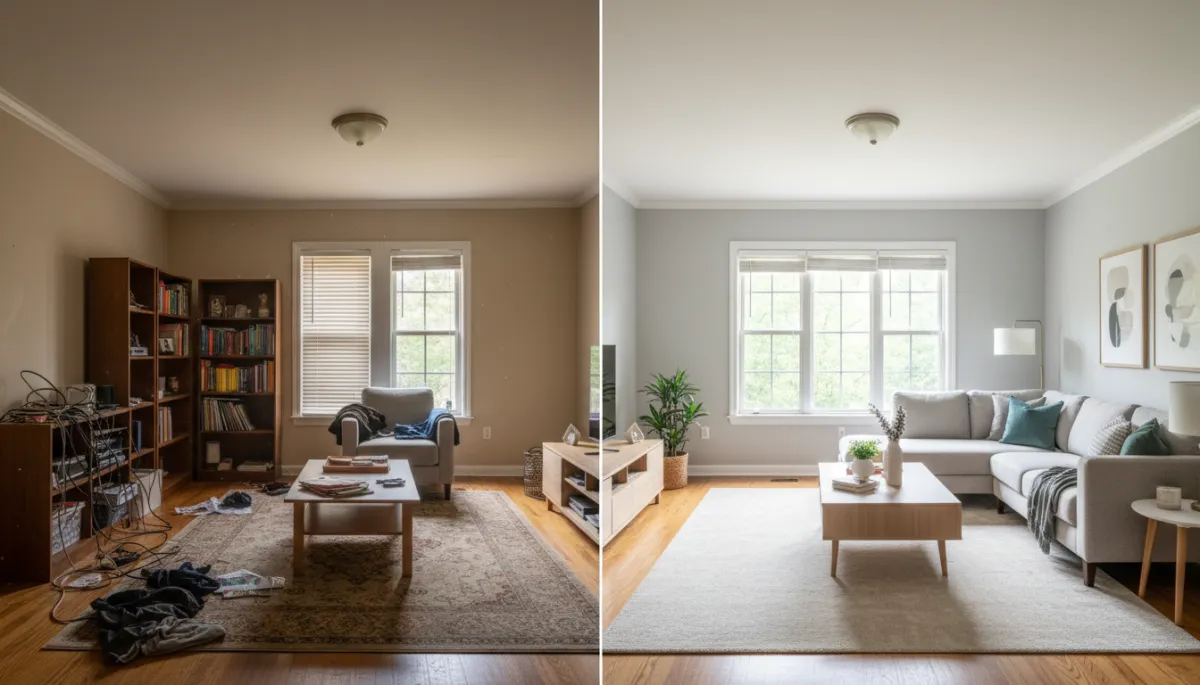 Comparison of a cluttered versus well-staged Fairfax living room