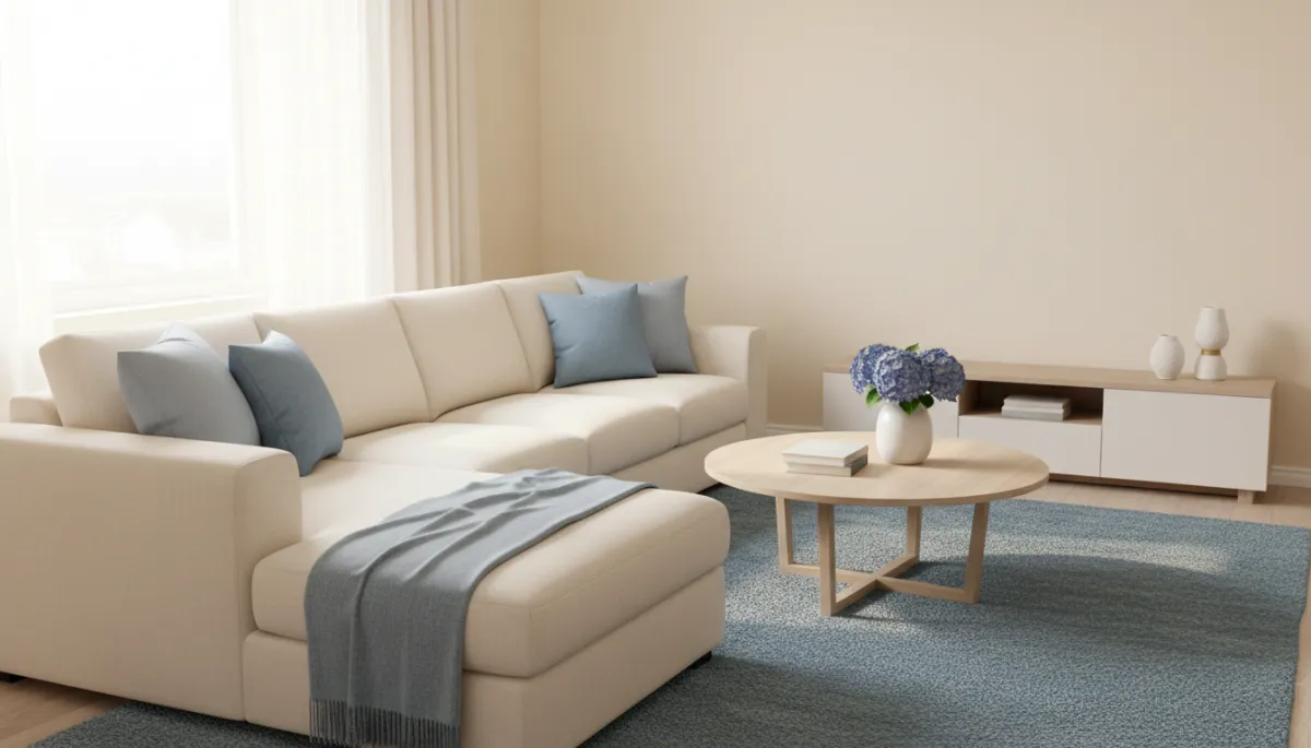 Beautifully prepared and staged family living room with neutral tones and soft blue accents