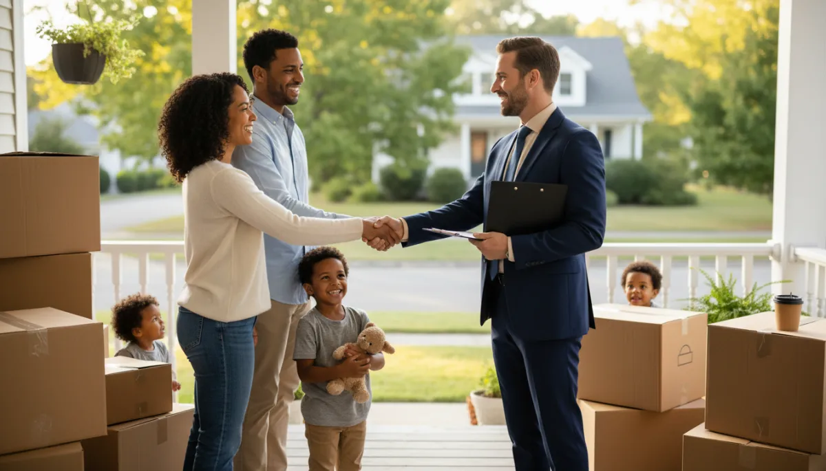 Happy sellers on their front porch with moving boxes, thanking their real estate agent