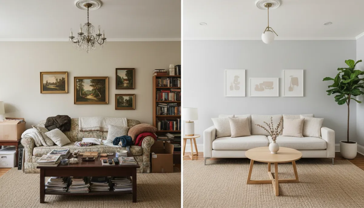 Before and after comparison of a Falls Church living room after cost‑effective updates
