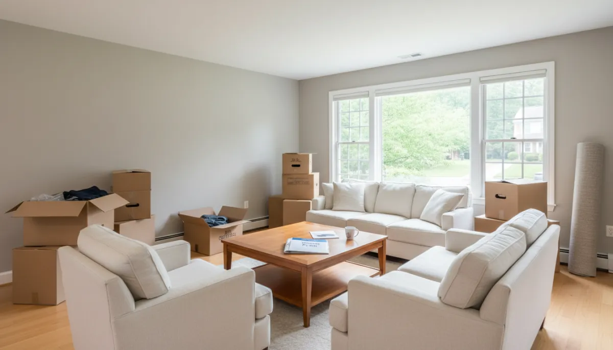 Living room with moving boxes and planning materials in a Northern Virginia home