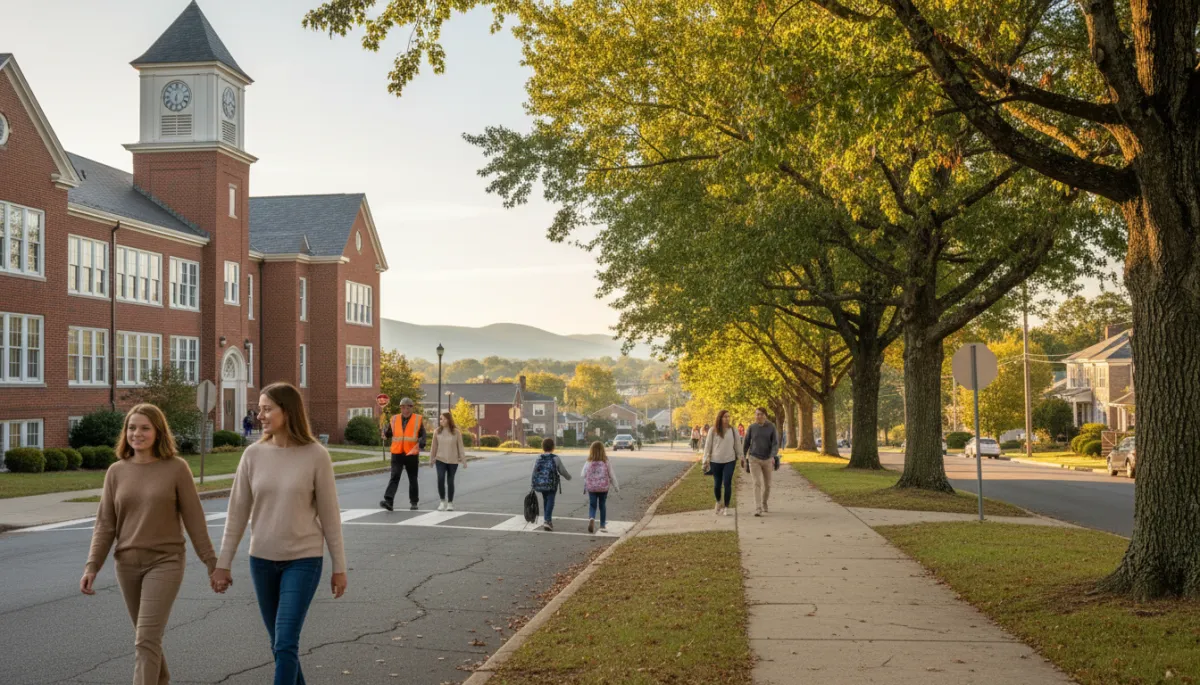 Families walking along a tree-lined street toward a Falls Church elementary school Families walking along a tree-lined street toward a Falls Church elementary school