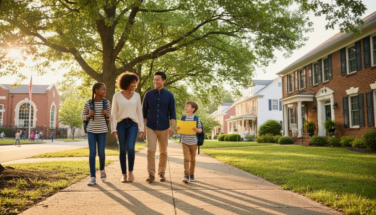 Family walking along a tree lined street near an elementary school in the Falls Church area