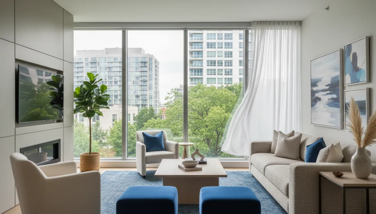 Modern condo living room in Falls Church VA with large windows and neutral decor