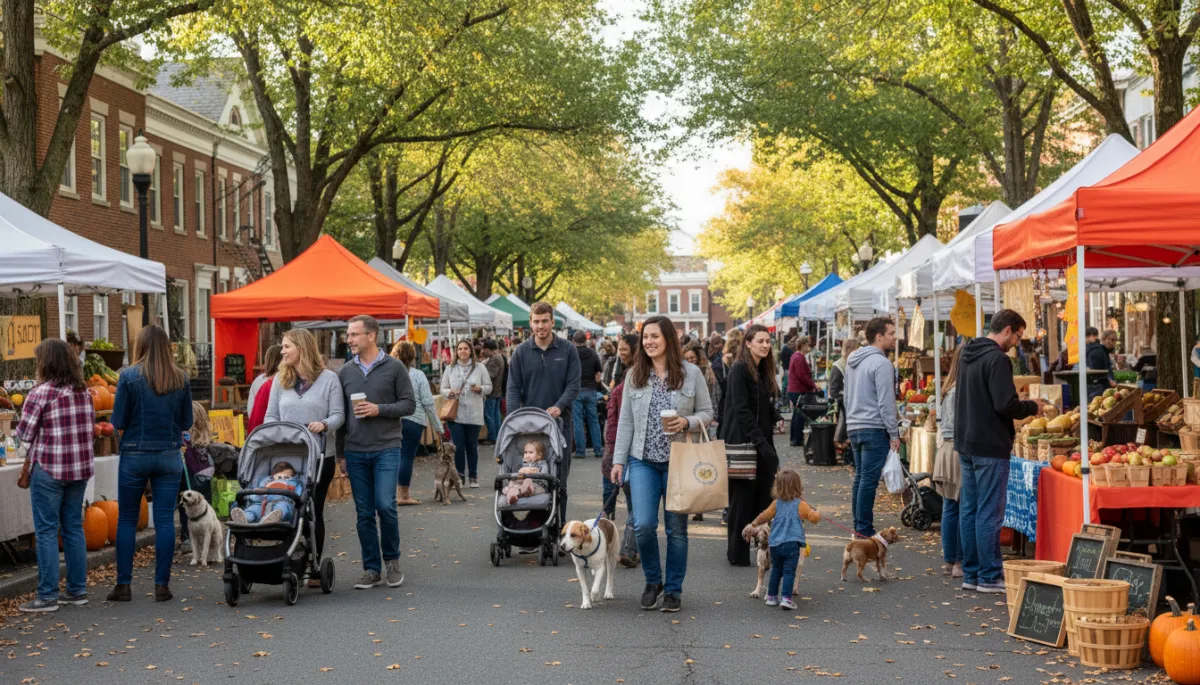 Photorealistic weekend farmers market scene in Falls Church Virginia