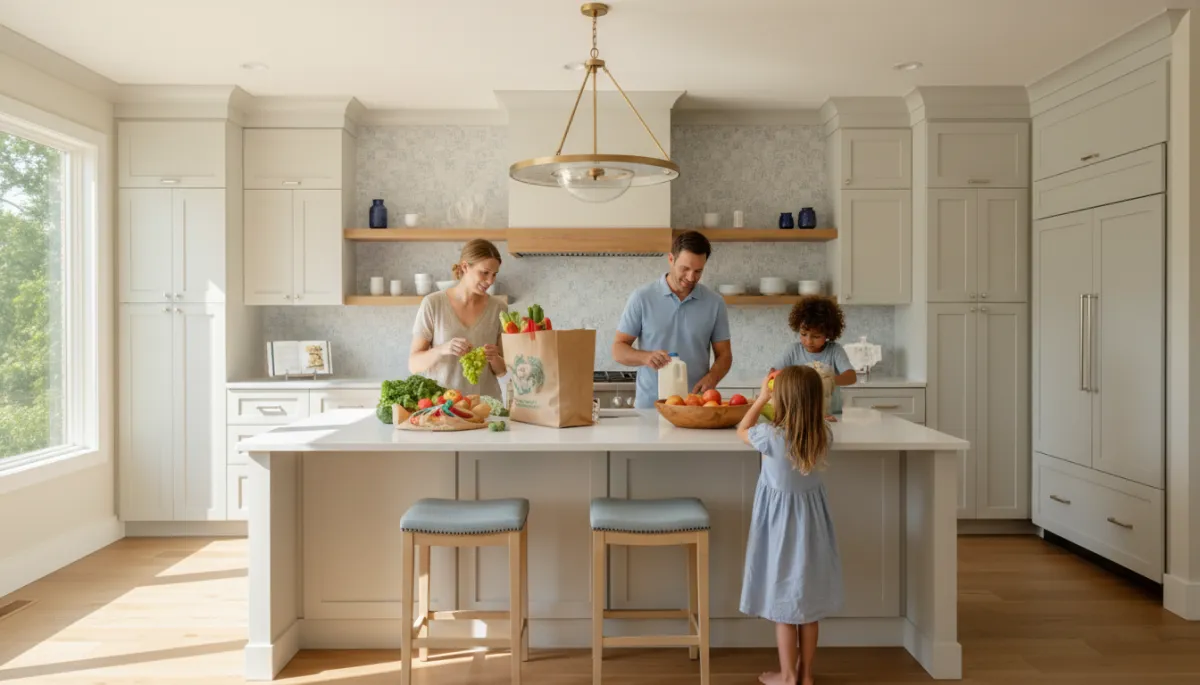 Photorealistic modern kitchen in Falls Church with family unpacking groceries