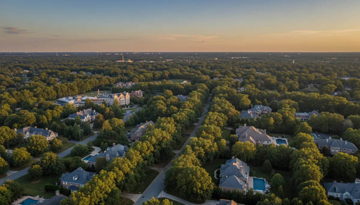 Photorealistic aerial scene of a McLean VA neighborhood with upscale homes and trees