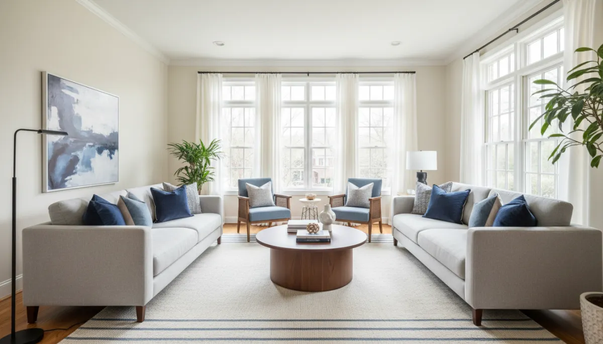 Photorealistic staged living room in a McLean VA home with neutral decor and blue accents