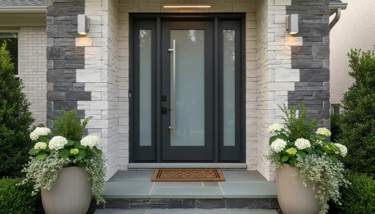 Photorealistic upgraded front entry of a McLean VA home with stone veneer and new door Photorealistic upgraded front entry of a McLean VA home with stone veneer and new door