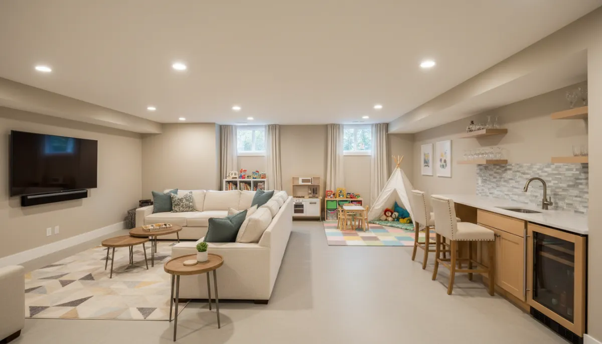 Photorealistic finished basement with flexible living areas in a McLean home Photorealistic finished basement with flexible living areas in a McLean home