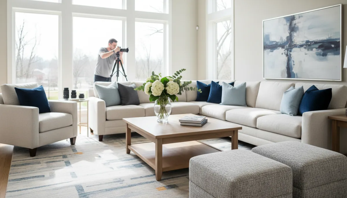 Professionally staged McLean VA living room being photographed for listing