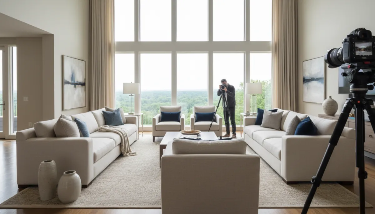 photorealistic interior of an elegant McLean VA living room with floor to ceiling windows, neutral furnishings, subtle navy and soft blue accents, professional photographer capturing the space with tripod and camera