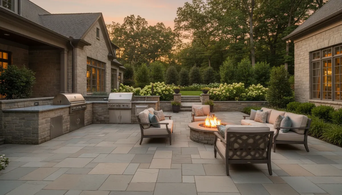 photorealistic rear view of a McLean VA luxury home with expansive stone patio, outdoor kitchen, seating area around a fire pit, and landscaped yard in soft evening light, neutral and slate blue tones