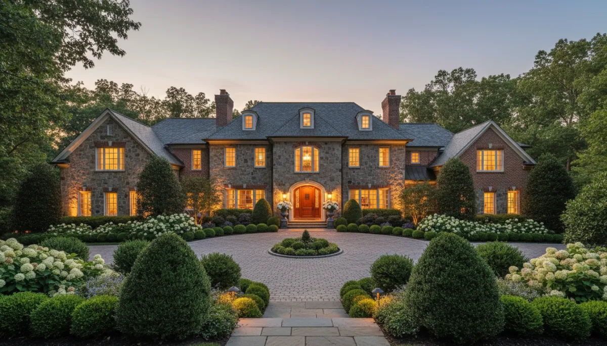 Luxury McLean estate with professional landscaping and lighting at dusk