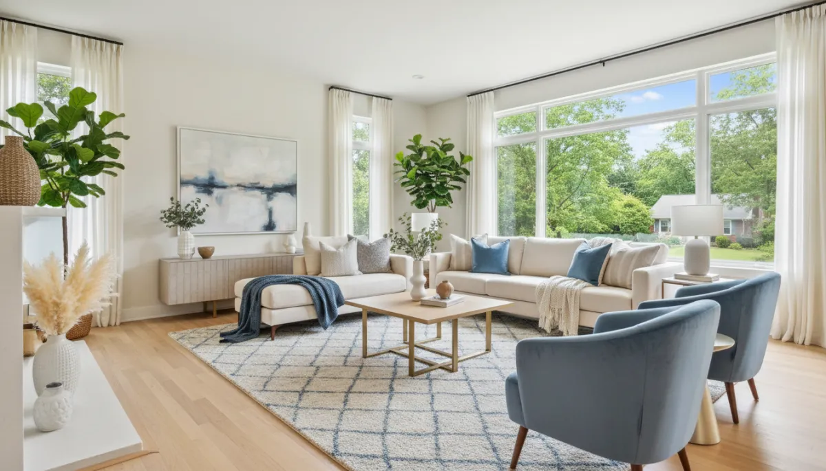 Photorealistic staged living room in a Vienna VA home with neutral decor