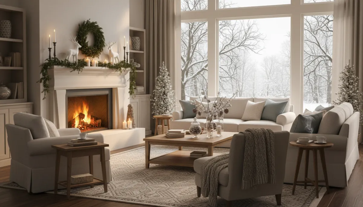 Cozy, well-staged Vienna VA living room in winter