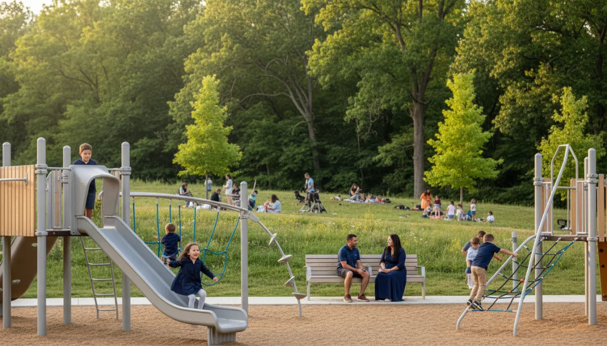 Photorealistic scene of families enjoying a playground in a Vienna Virginia park