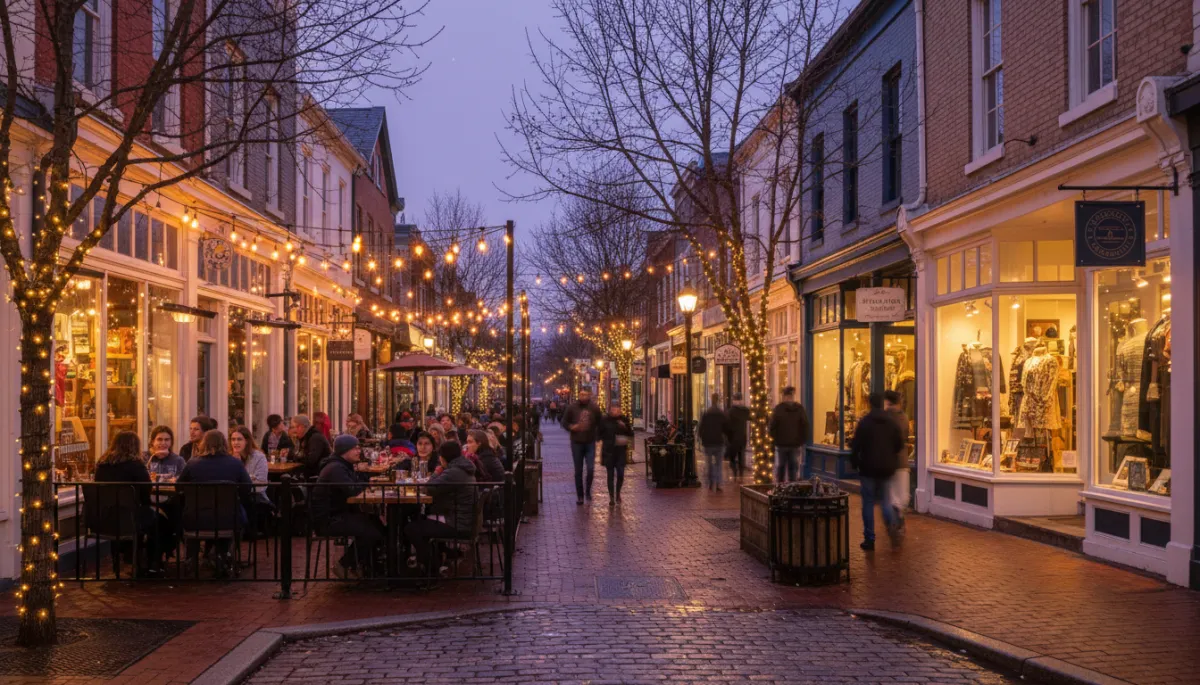 Photographic realistic view of people dining and walking in downtown Vienna VA